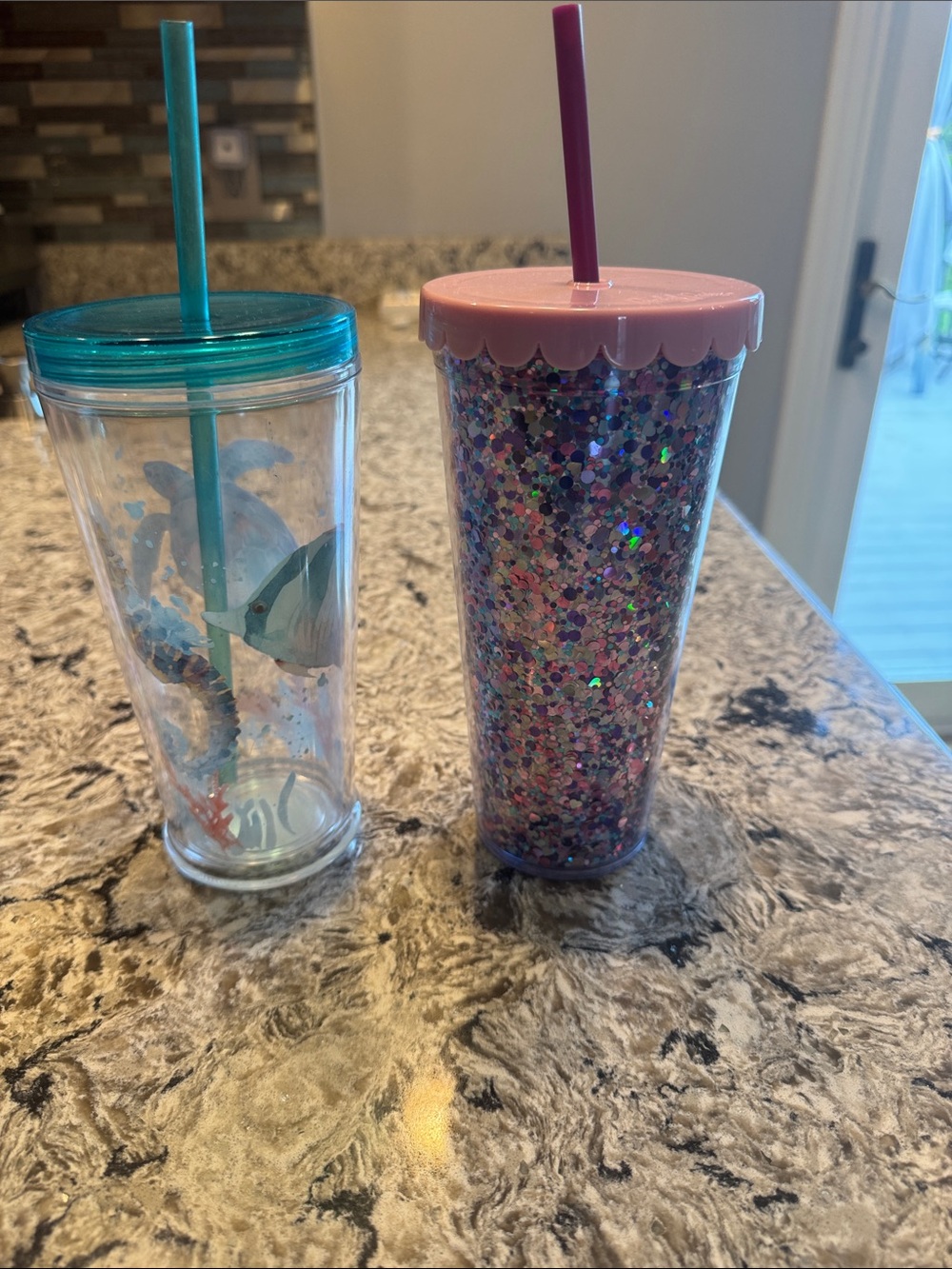 Pink Glitter Scallop-Edge Tumbler with Straw - Sparkle Drink Cup